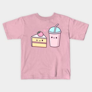 Kawaii Food Art with Strawberry Cake and Milkshake | Cute Design for Kawaii Lovers Kids T-Shirt